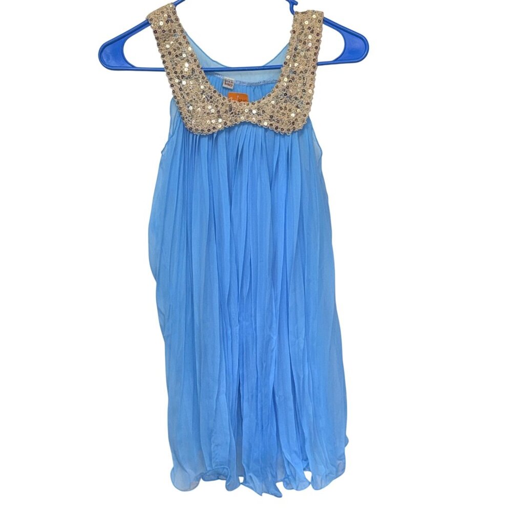 Blue Sequin Trim Tank Dress Girls Size 7 Mesh Lightweight Pleated Design